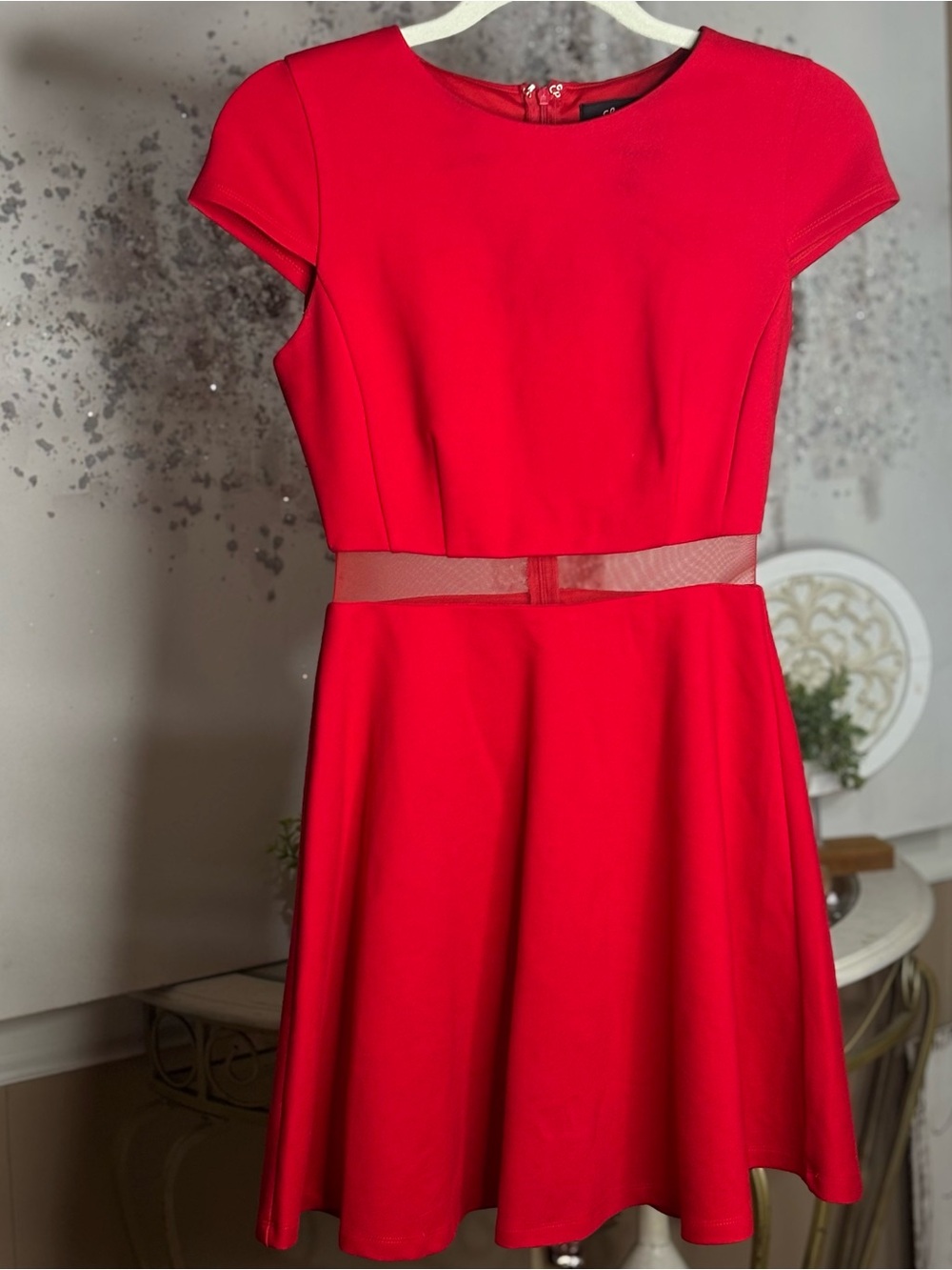 Lulu’s Bright Red Cap Sleeve Skater Dress with Sheer Mesh Waist Panel